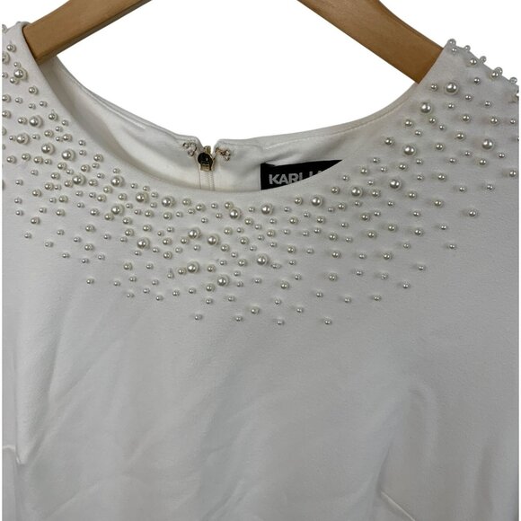 Size 0 Karl Lagerfeld Paris White Pearl Short Sleeve Sheath Dress NWOT Stretch - Picture 7 of 8